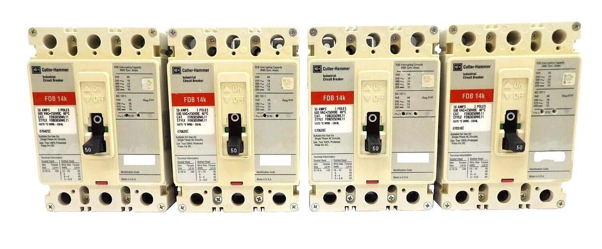 Used Cutler-Hammer FDB3050WL11 3-Pole Circuit Breaker FDB 14k Lot of 4 Working Spare