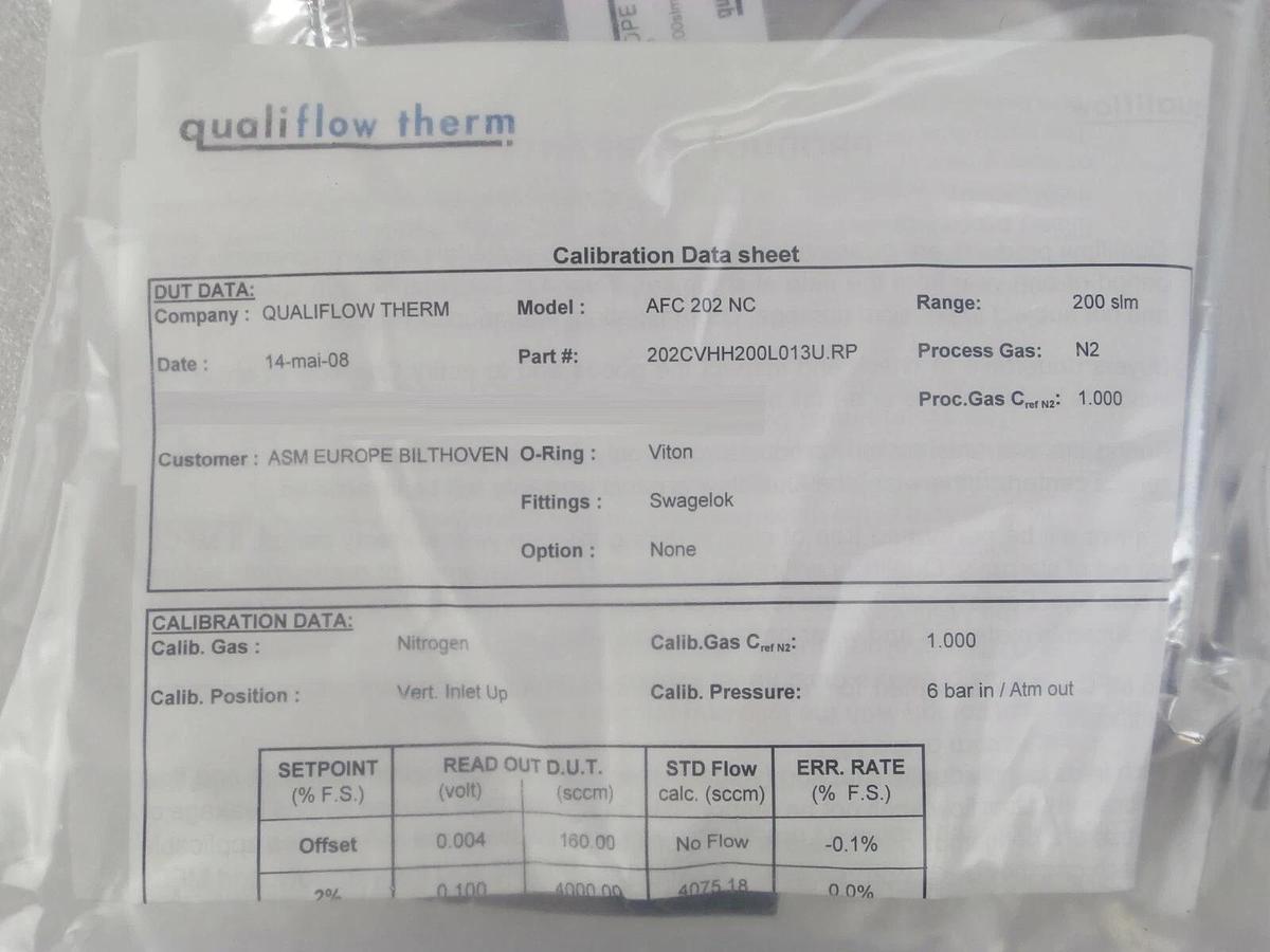 Refurbished Qualiflow 202CVHH200L013U.RP Mass Flow Controller MFC ASM 830008616 Refurbished