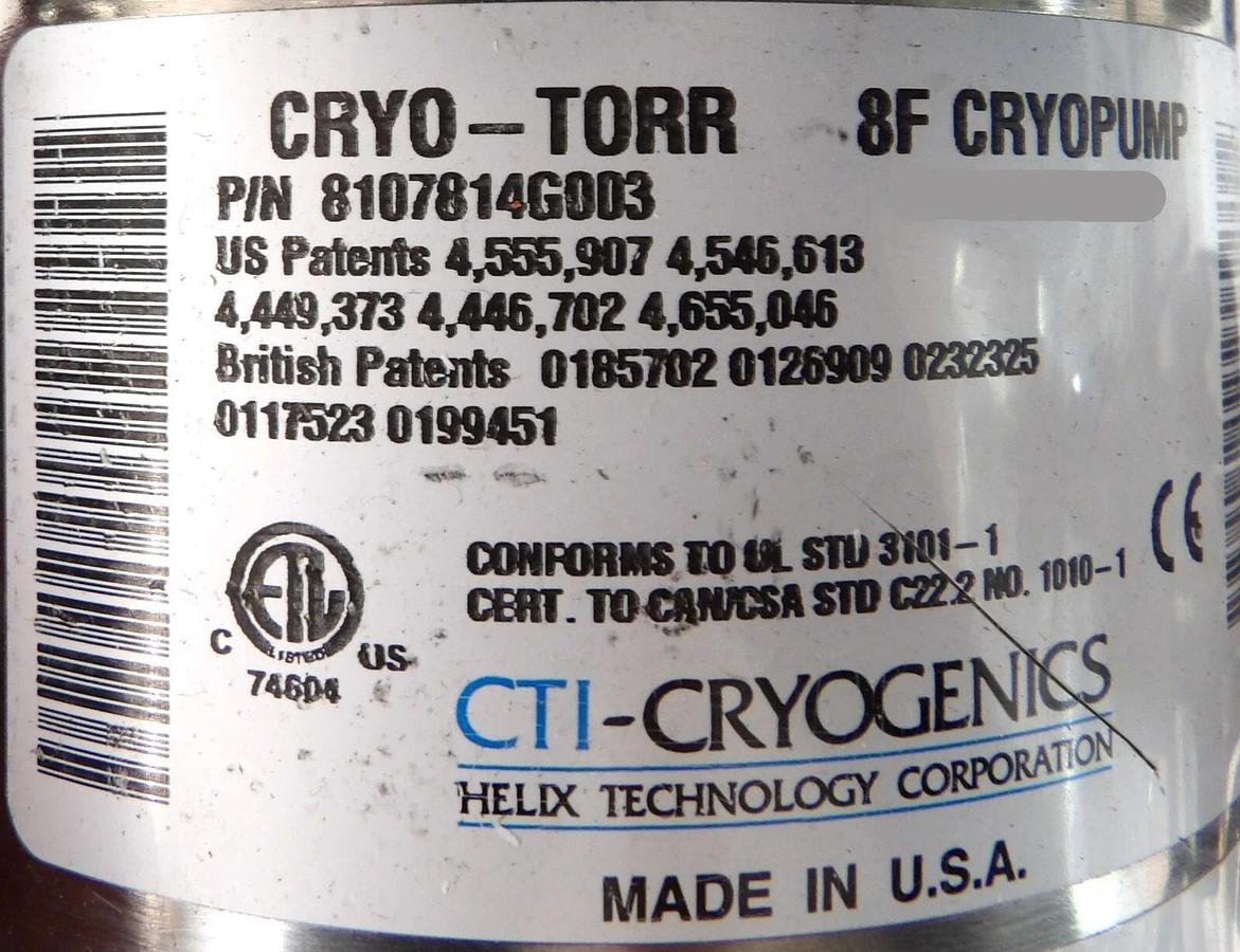 Used CTI-Cryogenics 8107814G003 Cryopump CRYO-TORR 8F with 8044051 Working Surplus