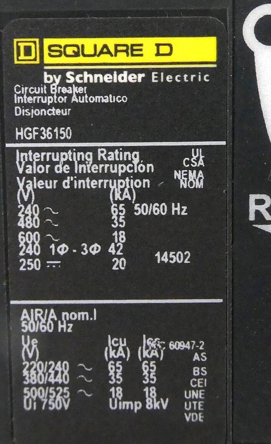 Used Schneider Electric HGF36150 3-Pole Circuit Breaker PowerPact HG 1504 Working