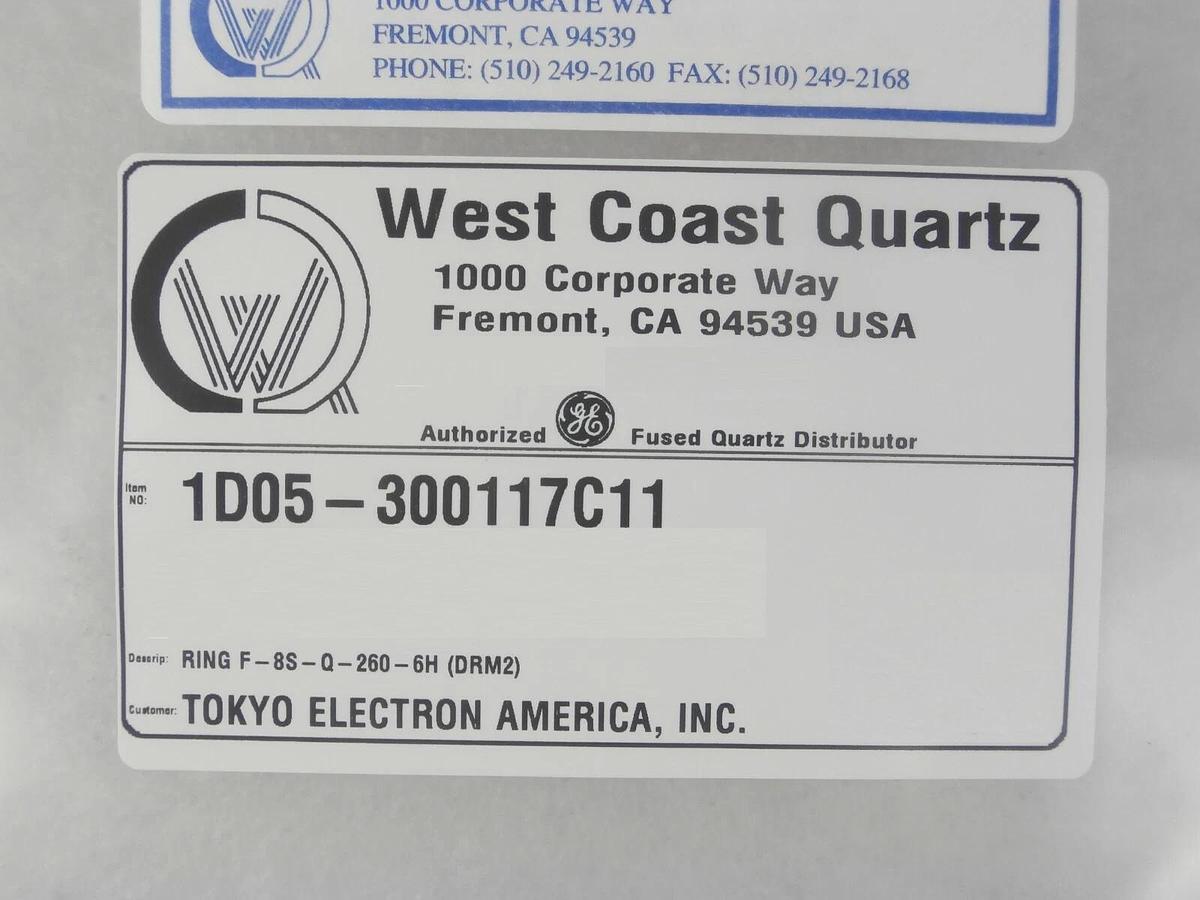 Refurbished TEL Tokyo Electron 1D05-300117C11 Quartz Ring F-8S-Q-260-6H Refurbished