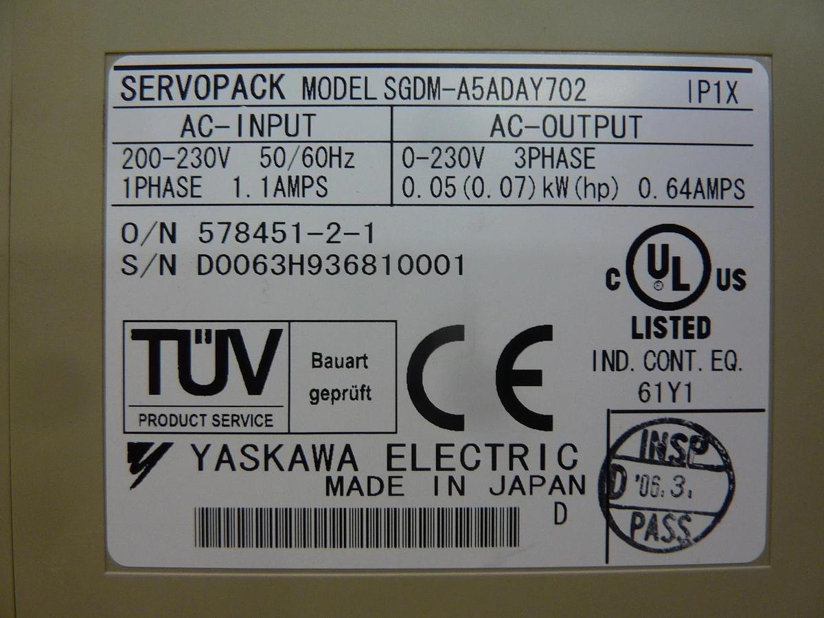 Used Yaskawa Electric SGDM-A5ADAY702 Servo Driver SERVOPACK Ver. 31231-1 Used Working