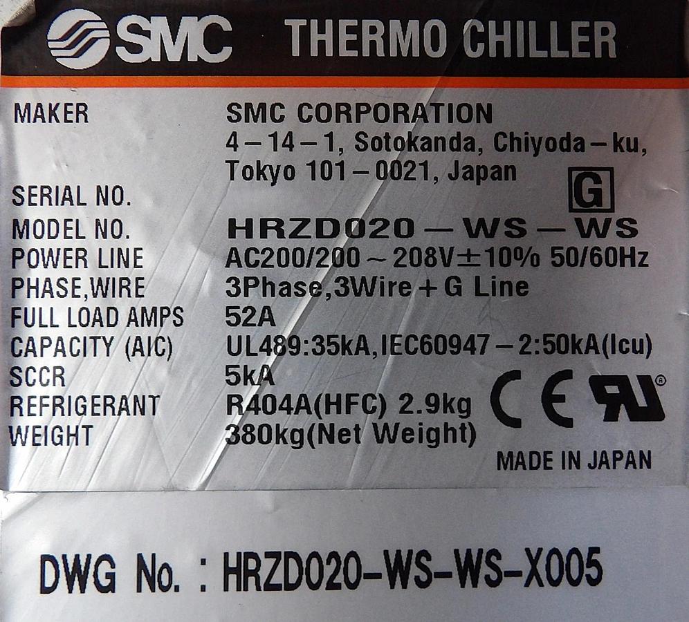 Used SMC HRZD020-WS-WS 20kW Dual Channel VFD Refrigerated Chiller DI Water Working