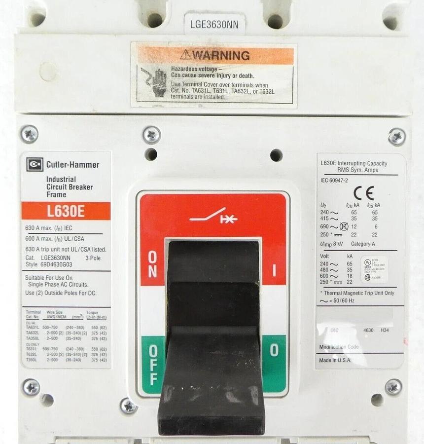 Used Cutler-Hammer LGE3630NN Industrial Circuit Breaker L630E ELLBN3600W AMAT Working