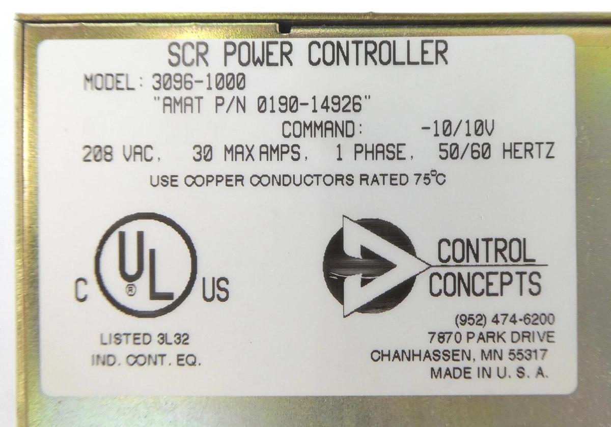 Used Control Concepts 3096-1000 SCR Power Controller AMAT 0190-14926 Working Surplus