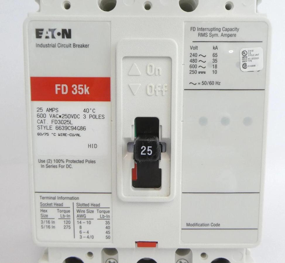 Eaton 6639C94G86 Industrial Circuit Breaker FD3025L FD 35k New Surplus