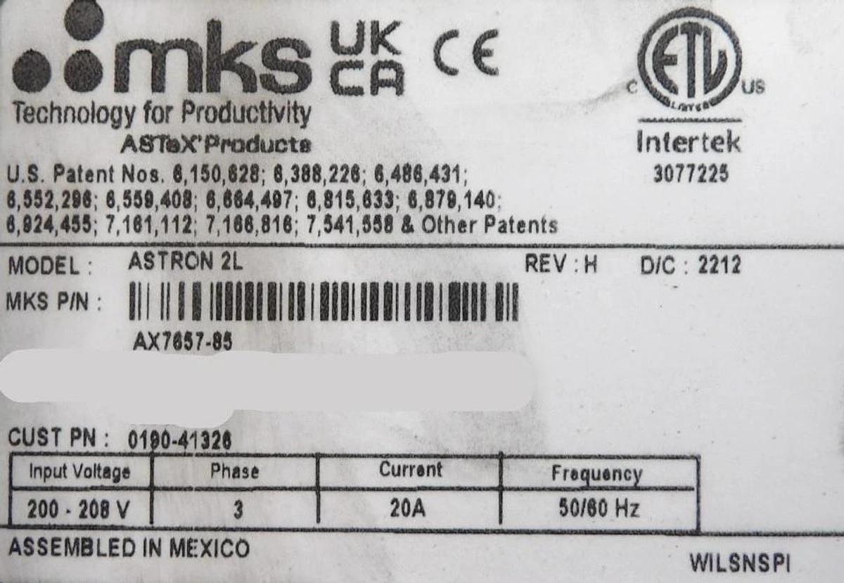 ASTRON 2L MKS Instruments AX7657-85 RPS Remote Plasma Source Tested 12 Hours New