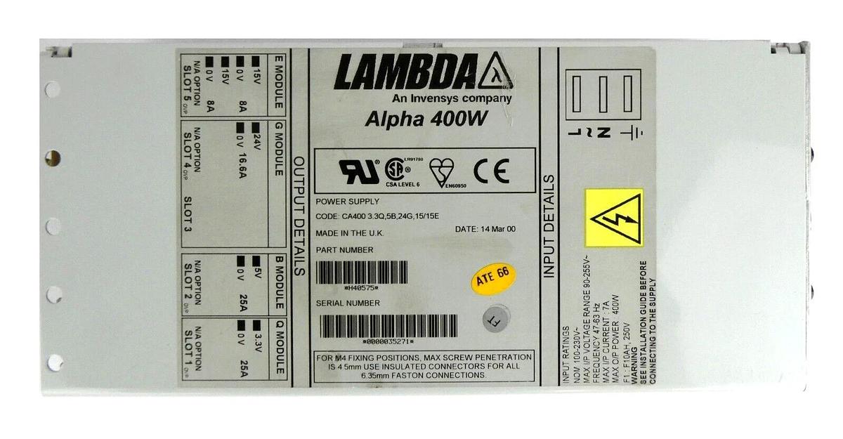 Used Lambda H40575 Power Supply Alpha 400W CA400 3.3Q,5B,24G,15/15E Working Surplus