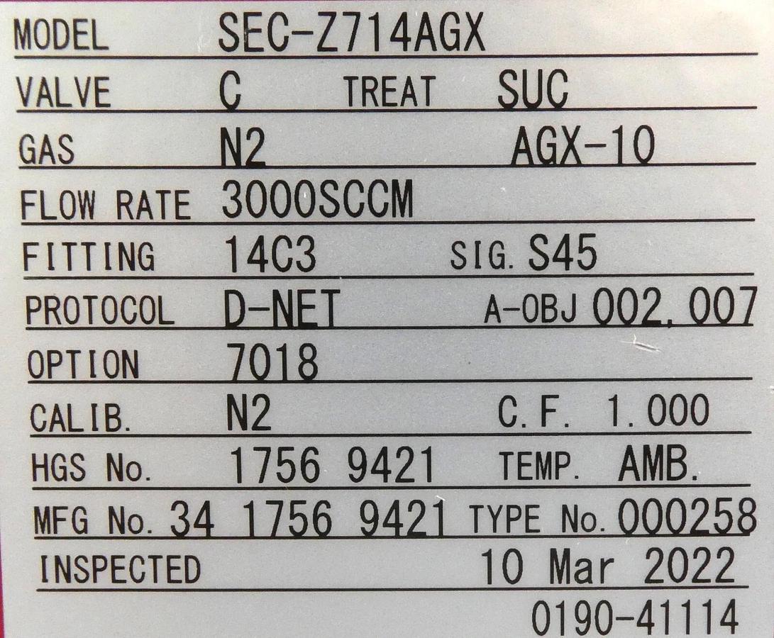 Used Horiba STEC SEC-Z714AGX Mass Flow Controller AMAT 0190-41114 Lot of 2 Working
