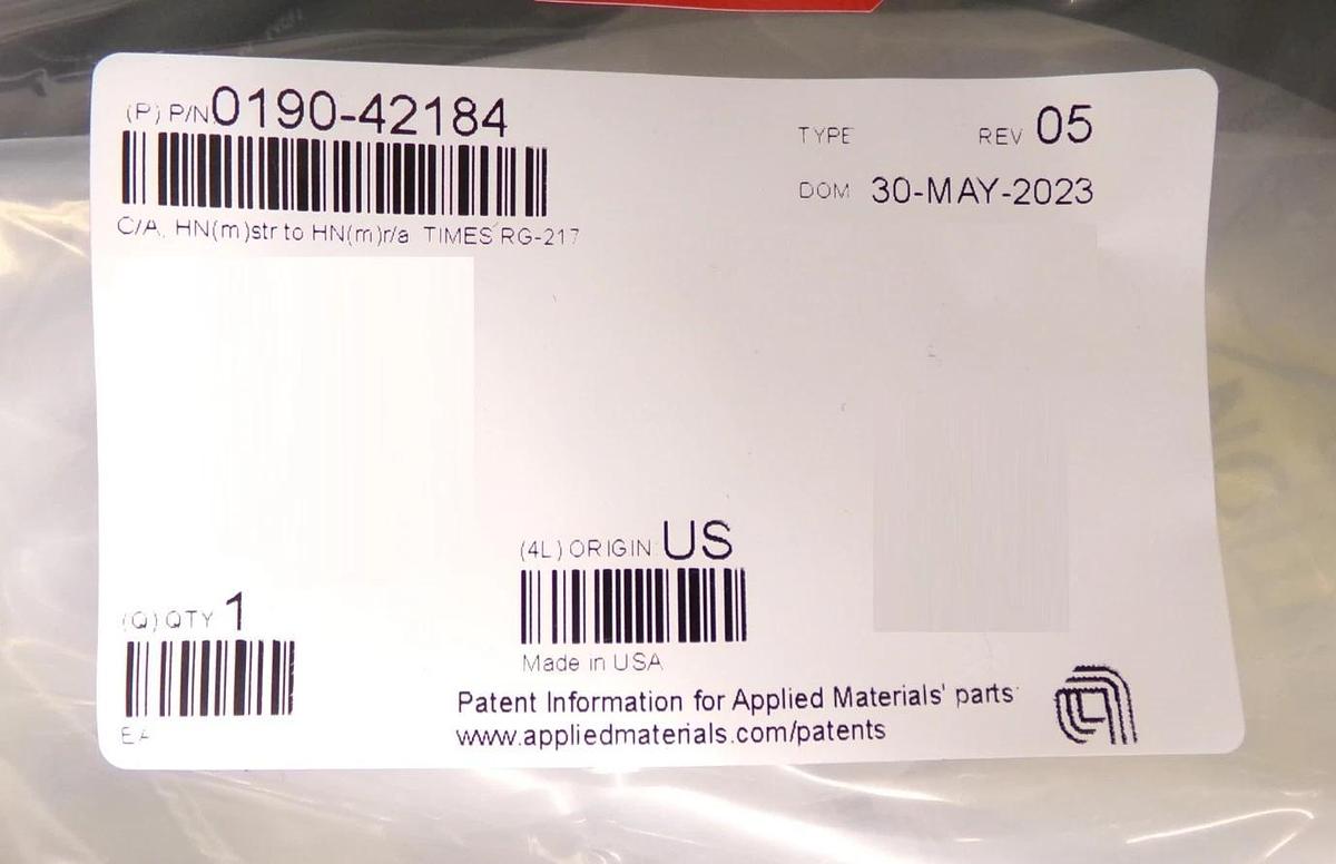 AMAT Applied Materials 0190-42184 RF Cable HN Male STR to HN Male R/A New