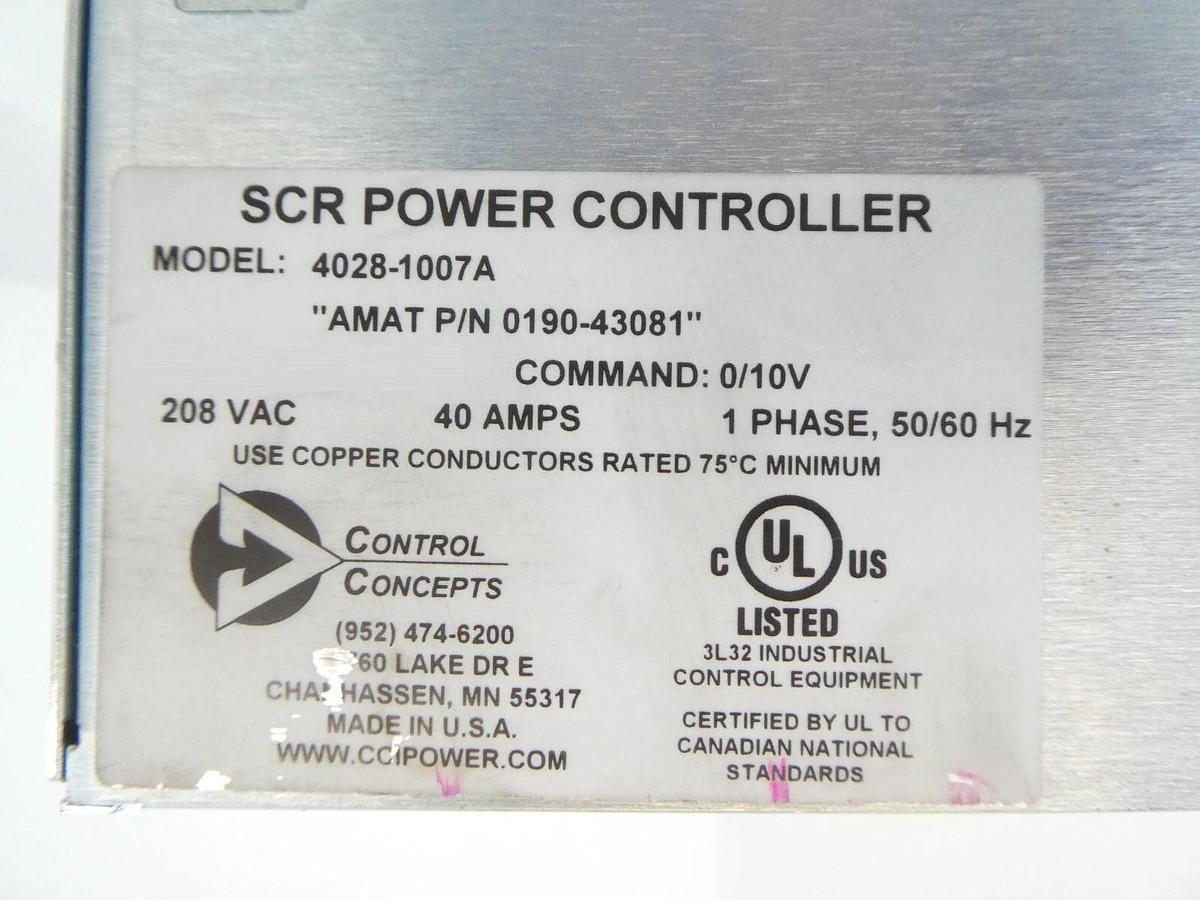 Used Control Concepts 4028-1007A SCR Power Controller AMAT 0190-43081 Broken Tab