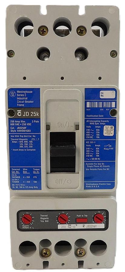 Used Westinghouse 1491D81G03 JD 25K 3-Pole Industrial Circuit Breaker JT3250T Working