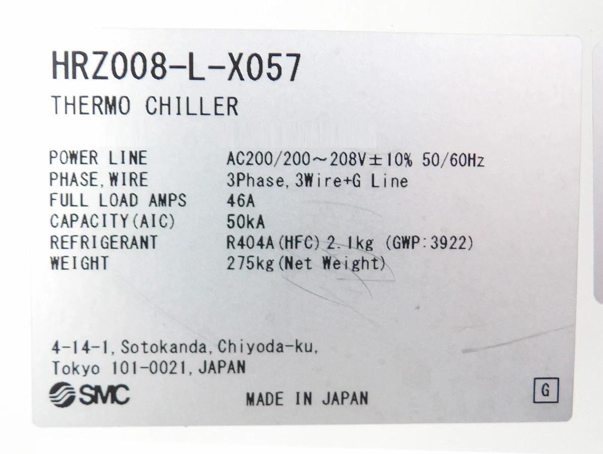 Refurbished SMC Pneumatics HRZ008-L-X057 Recirculating Thermo Chiller FC-3283 Refurbished