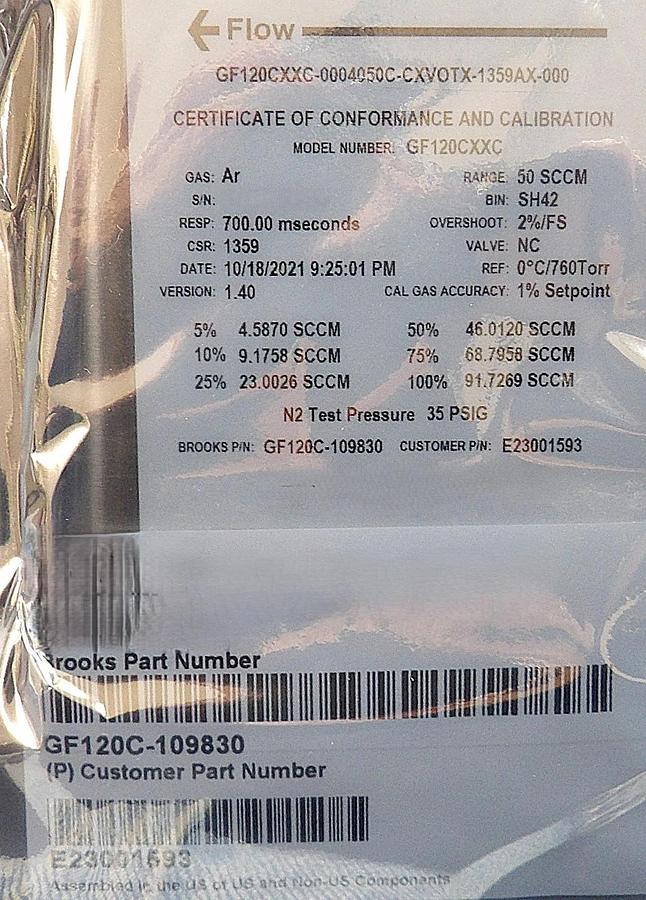Brooks Instrument GF120C-109830 Mass Flow Controller MFC 50 SCCM Ar New