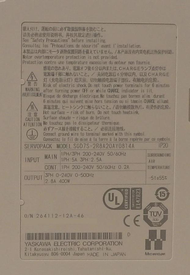 Used Yaskawa Electric SGD7S-2R8A20AY0814A Servo Drive Sigma-7 SERVOPACK Working