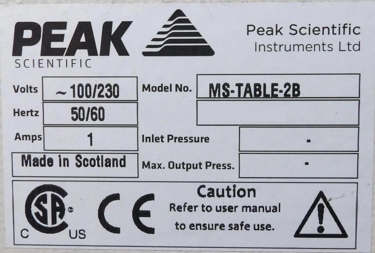 Used Peak Scientific MS-Table-2B Mass Spectrometer Infinity Bench Untested As-Is
