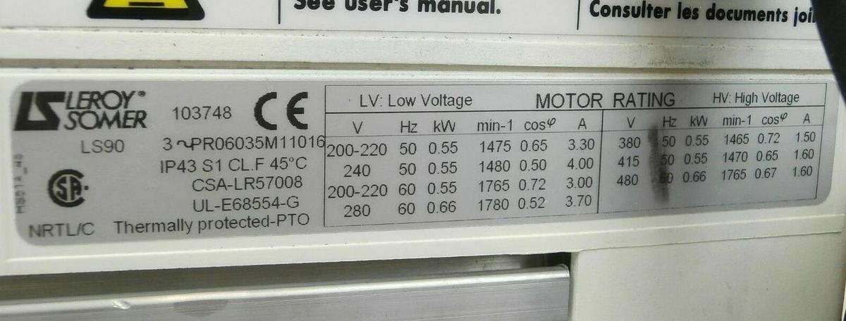Used Leroy Somer UL-E68554-G LSMV Vacuum Pump Induction Motor Used Tested Working