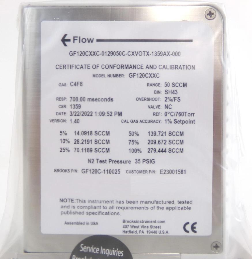 Used Brooks Instrument GF120C-110025 Mass Flow Controller MFC 50 SCCM C4F8 New Spare