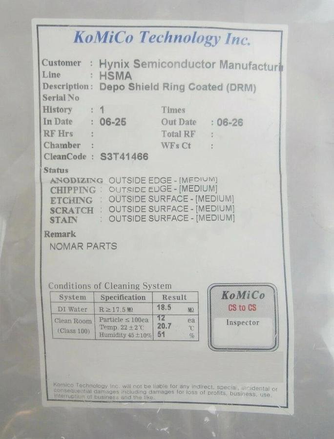 Used KoMiCo DRM Coated Depo Shield Ring Coated TEL Tokyo Electron Unity Cleaned Spare
