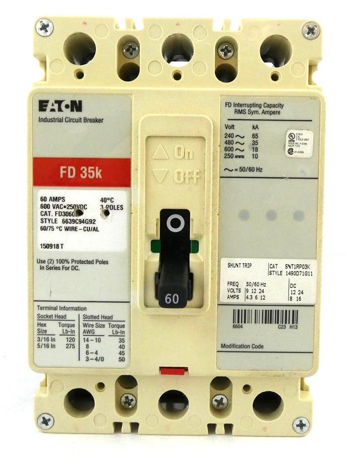 Used Eaton 6639C94G92 Industrial Circuit Breaker FD3060L Working Surplus