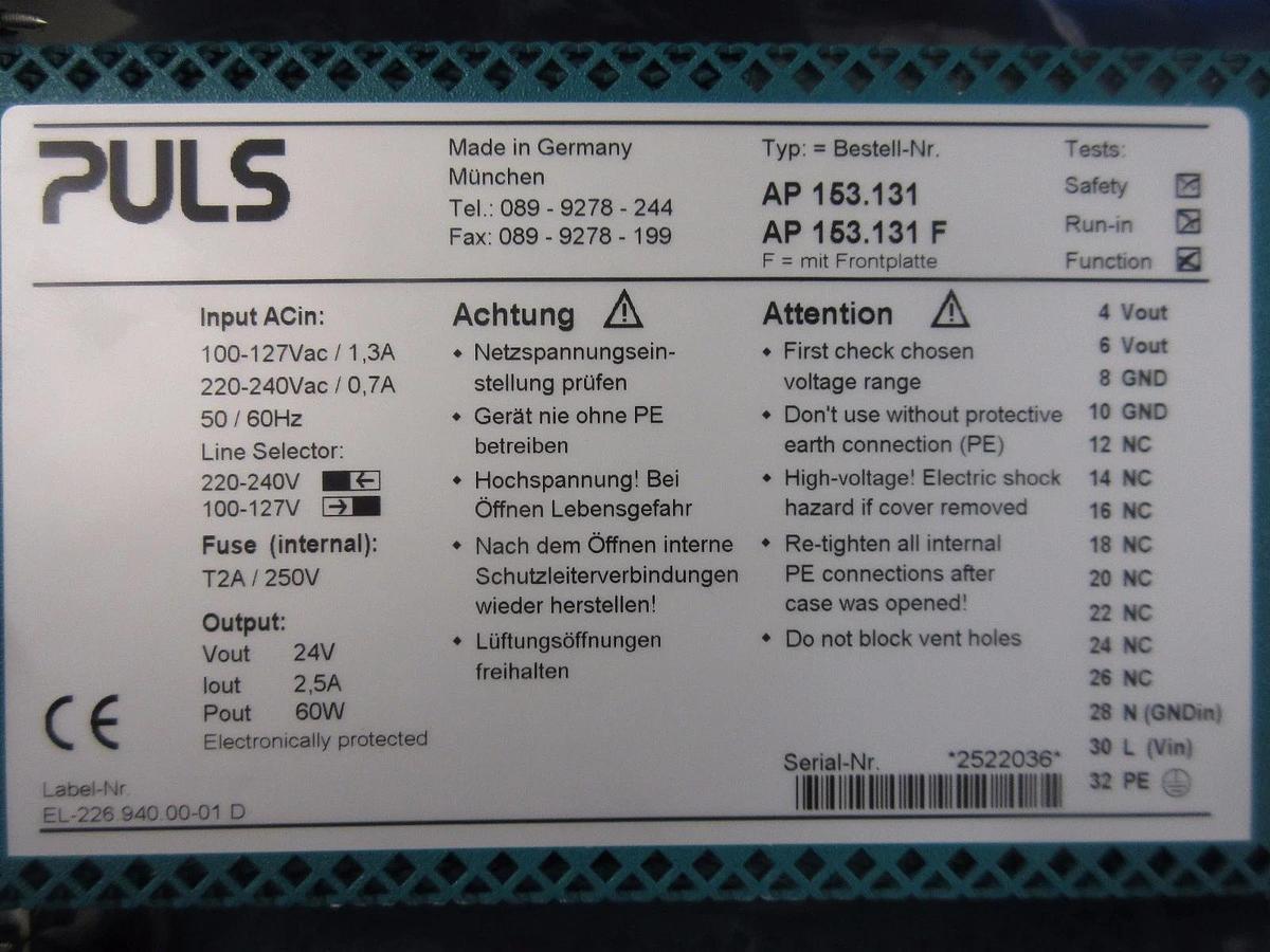 Used PULS AP 153.131 F Power Supply PCB Card ASML Used Working