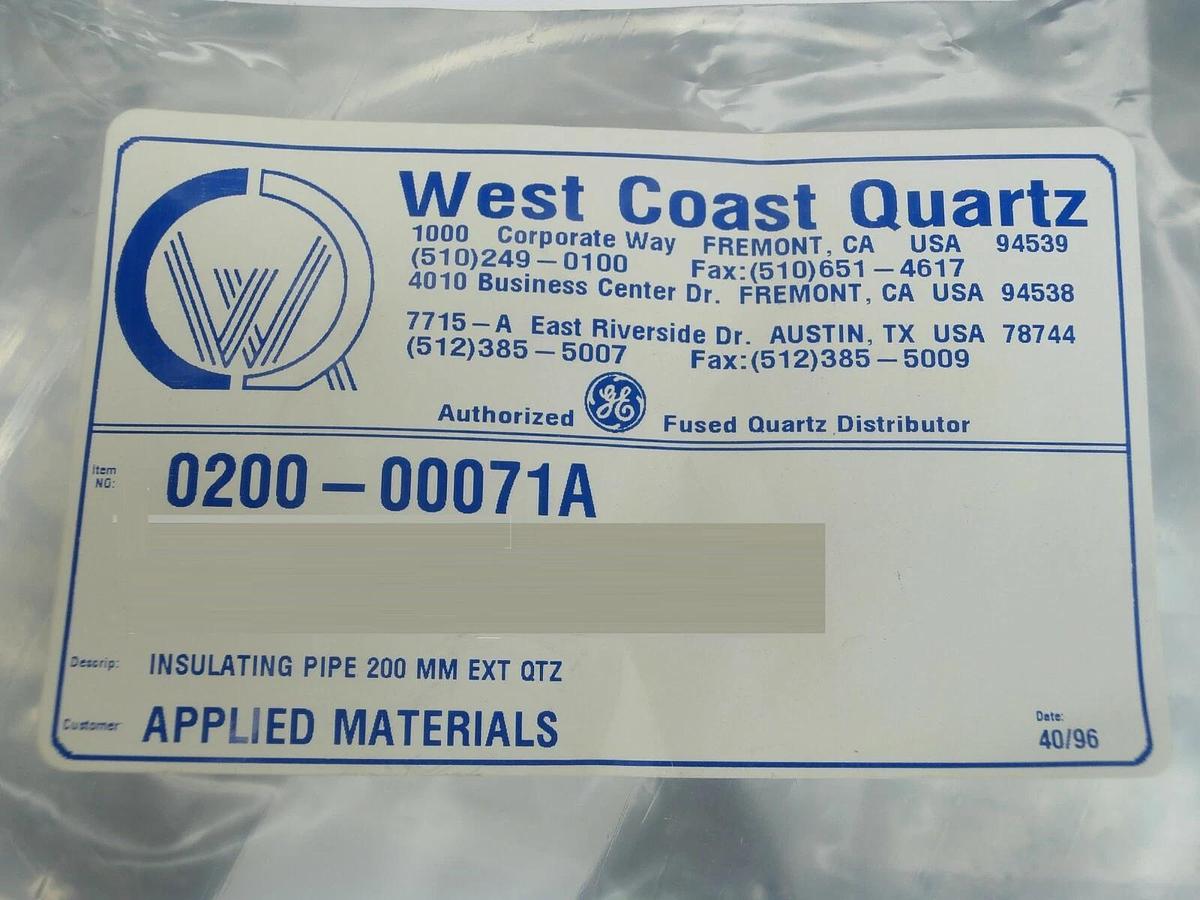 West Coast Quartz 0200-00071 200mm Insulating Pipe 8" EXT QTZ AMAT New