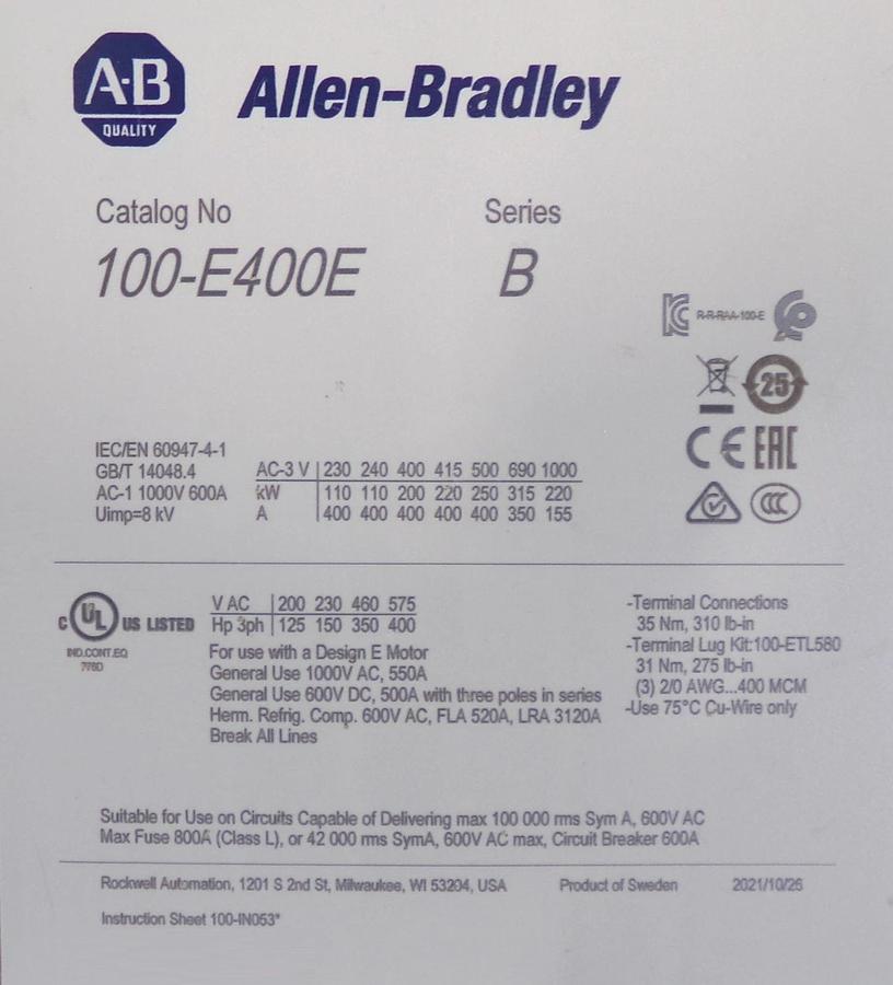 Used AB Allen-Bradley 100-E400E 3-Pole Contactor Series B 100-ES3-11 Surplus