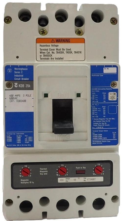 Used Westinghouse KDB3400 Industrial 3-Pole Circuit Breaker KDB 35k w/KT3400T Working