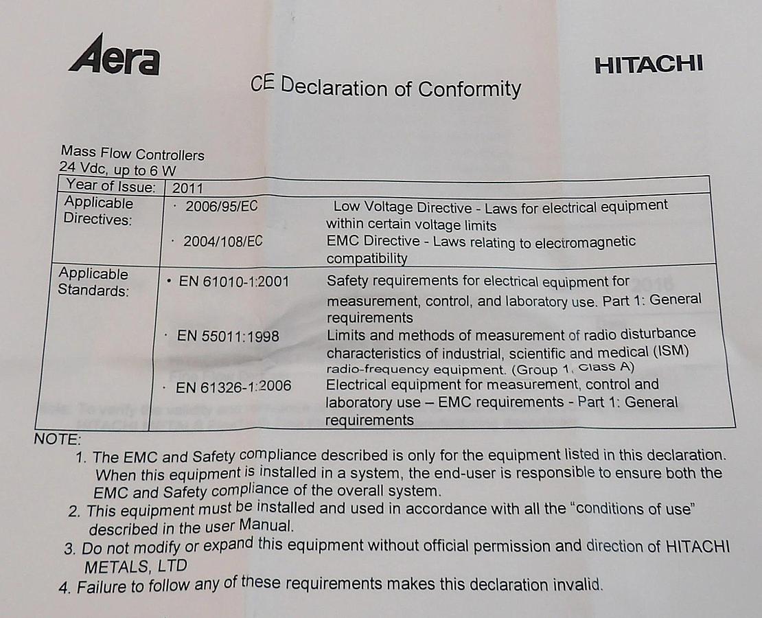 Aera FC-PAR786CHT-BW Transformer Mass Flow Controller MFC New Surplus