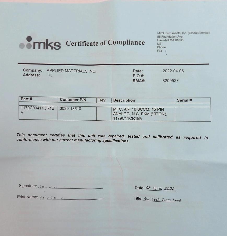 MKS Instruments 1179C00411CR1BV Mass Flow Controller MFC 10 SCCM Ar New