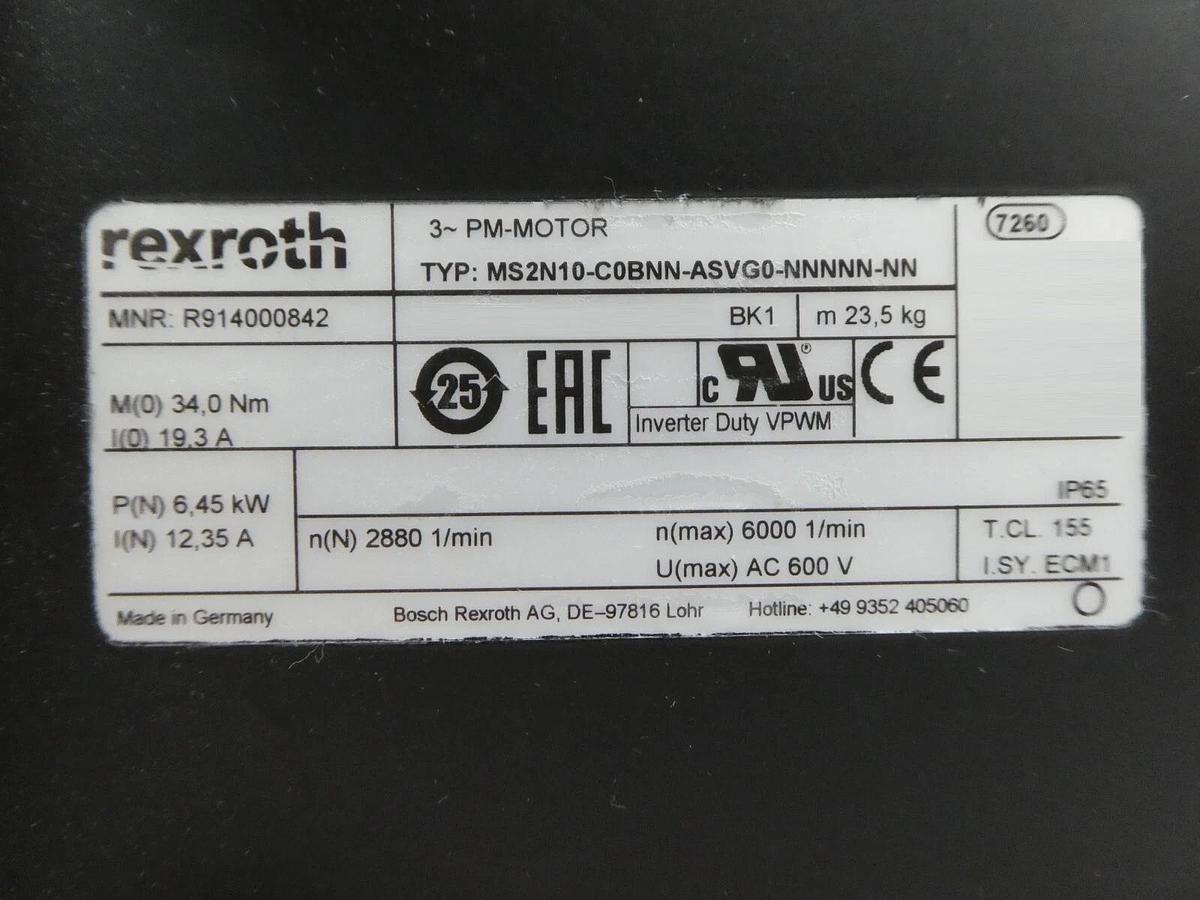 Used Rexroth R914000842 PM Motor MS2N10-C0BNN-ASVG0-NNNNN-NN with Gearbox Surplus