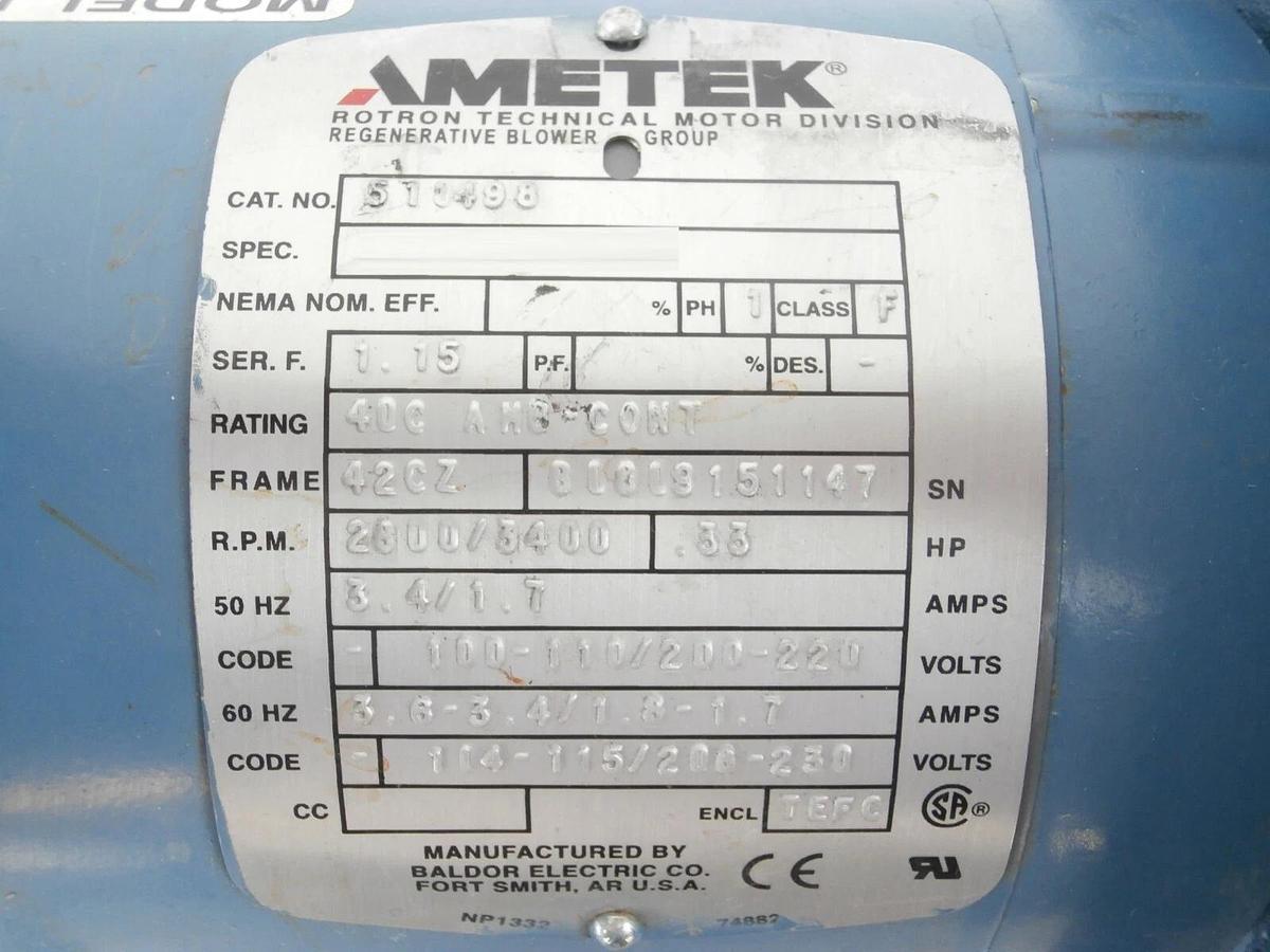 Used Ametek 038936 Air Blower Assembly DR101BX9M Edwards TPU System Working Surplus