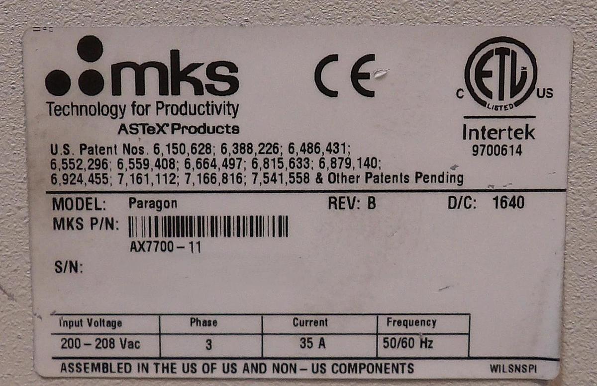 Used ASTRON Paragon F* MKS Instruments AX7700-11 RPS Plasma Source ASTeX Working