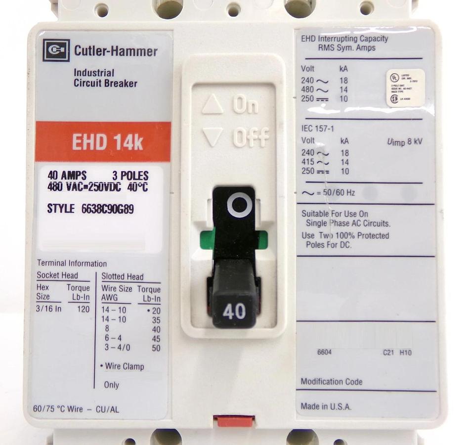 Used Cutler-Hammer 6638C90G89 3-Pole Industrial Circuit Breaker EHD 14k Working