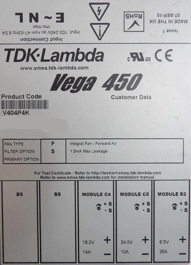 Used Lambda V404P4K Modular Power Supply Assembly Vega 450 Lot of 2 Working