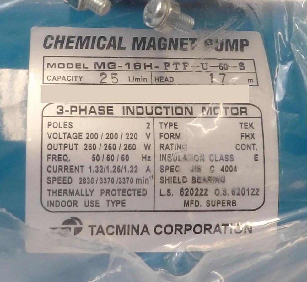 Refurbished Tacmina MG-16H-PTF-U-60-S Chemical Magnet Pump Ebara C-4008-179-0001 Refurbished