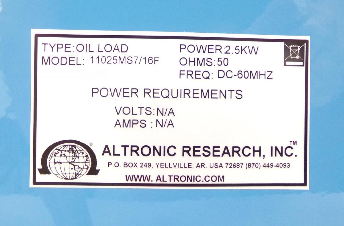Altronic Research 11025MS7/16M Oil Cooled 2.5kW RF Load 11025 New Surplus