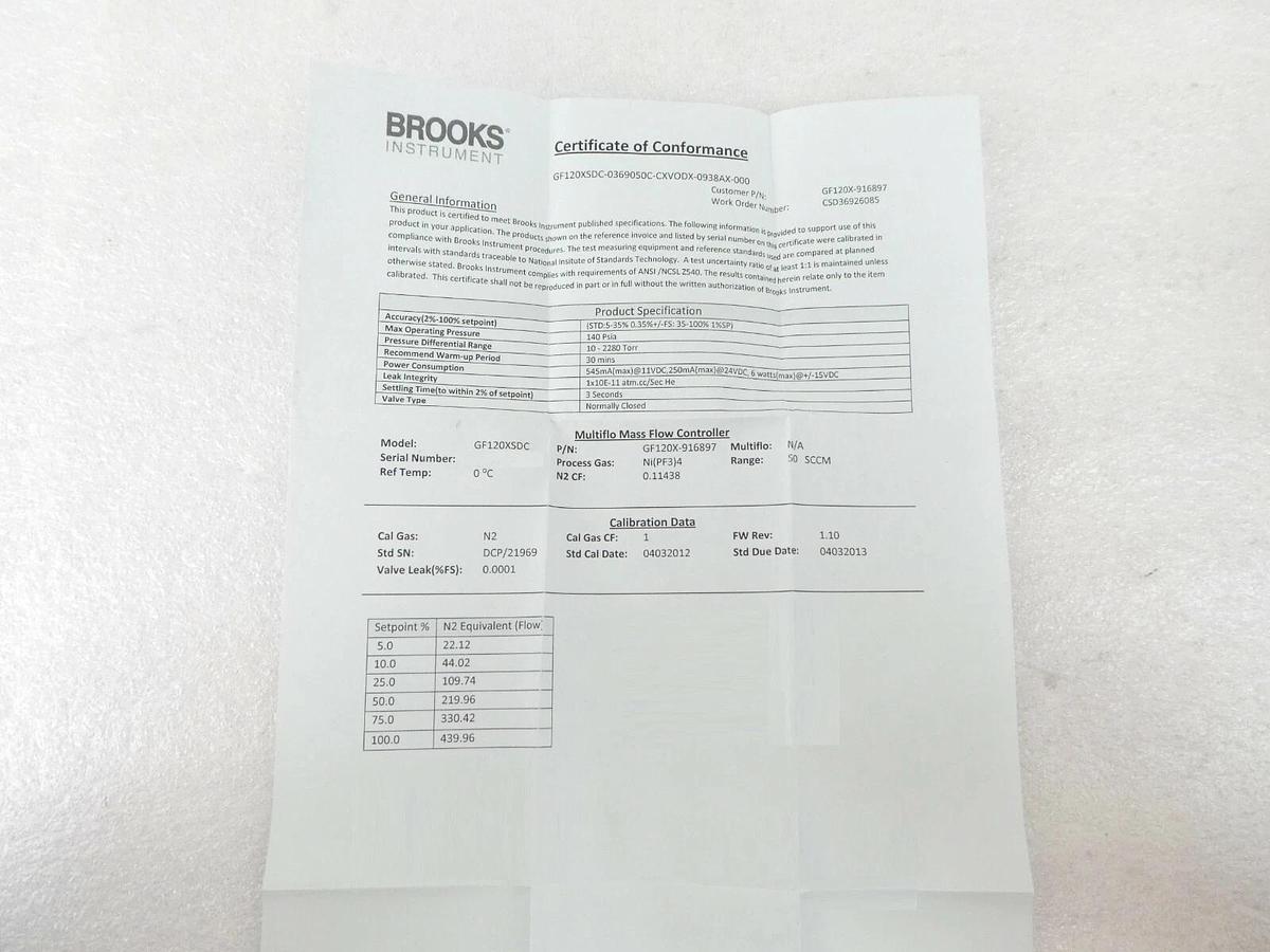 Brooks Instrument GF120X-916897 Mass Flow Controller MFC AMAT New Surplus