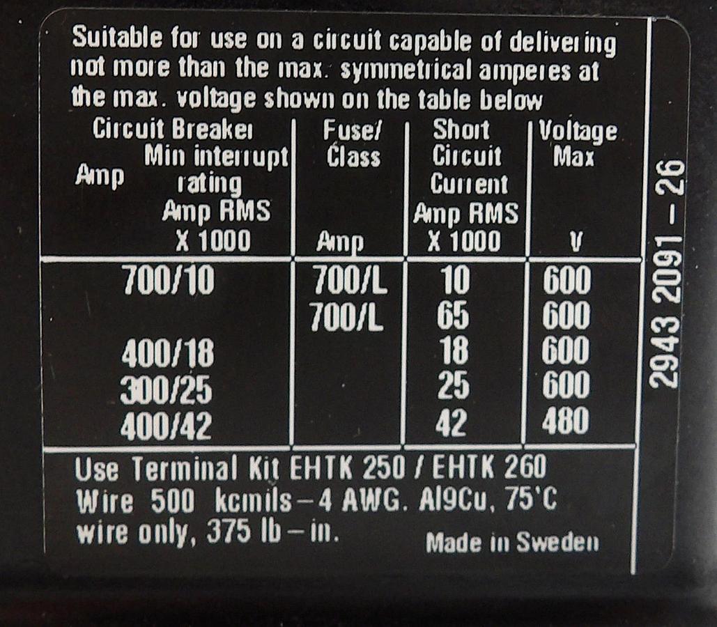 Used ABB SK 826 402 3-Pole Contactor EH 260 SK 826 400-DB 24V Working Surplus