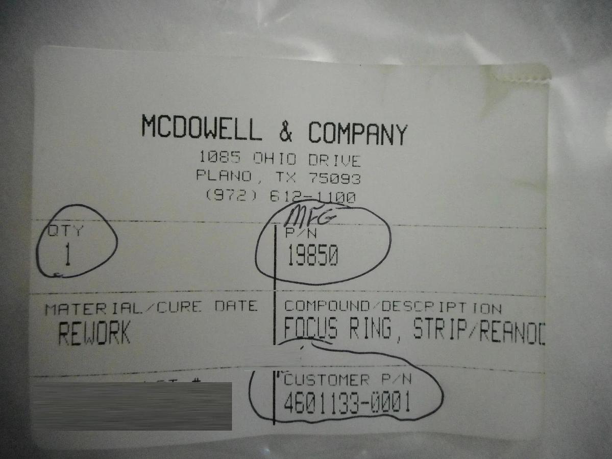 Refurbished McDowell & Company 19850 Aluminum Focus Ring ASM 4601133-0001 Refurbished