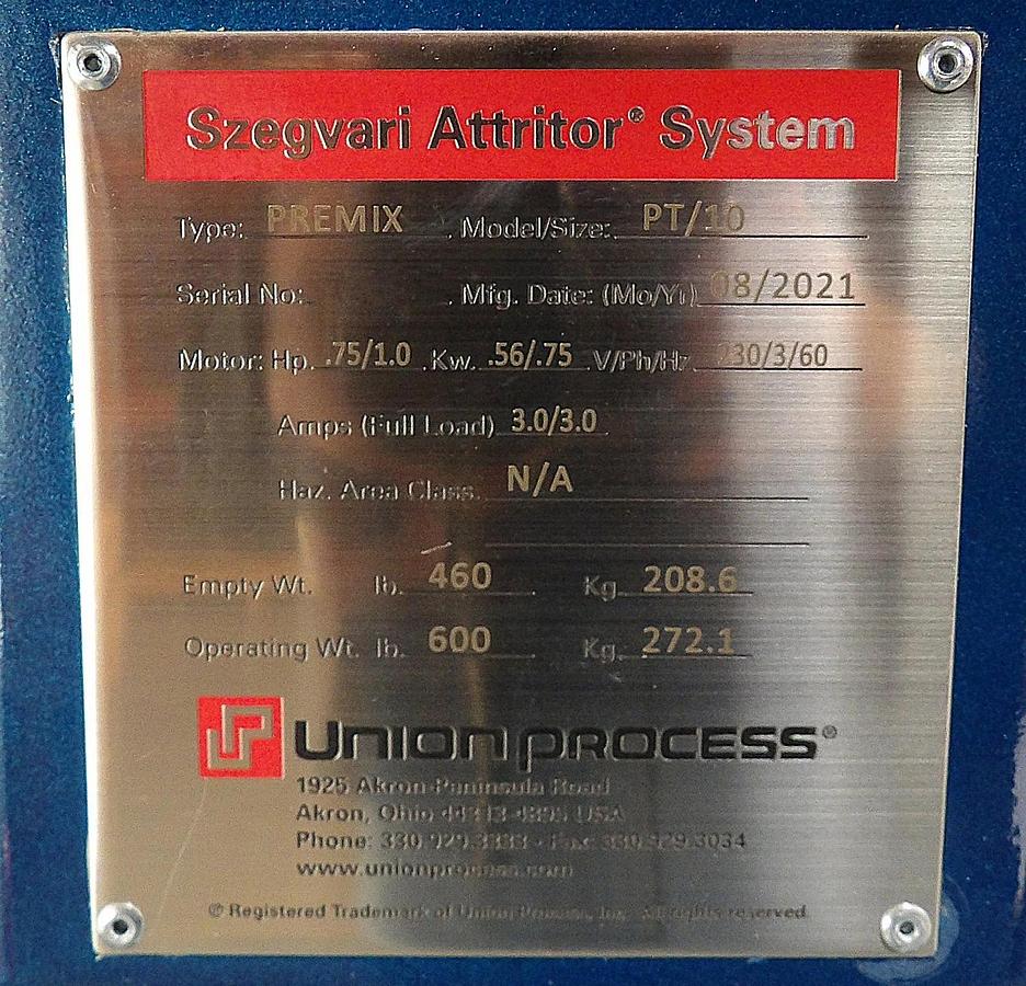 Used Union Process Premix PT 10 Szegvari Attritor Industrial Grinding Mill Surplus