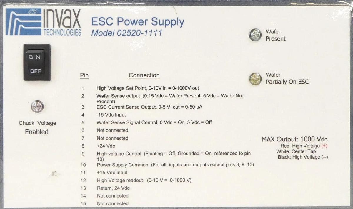 Used Invax Technologies 02520-1111 ESC Electrostatic Chuck Power Supply Working