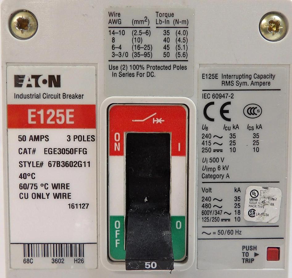 Used Eaton EGS3050FFG 3-Pole Industrial Circuit Breaker E125E Working
