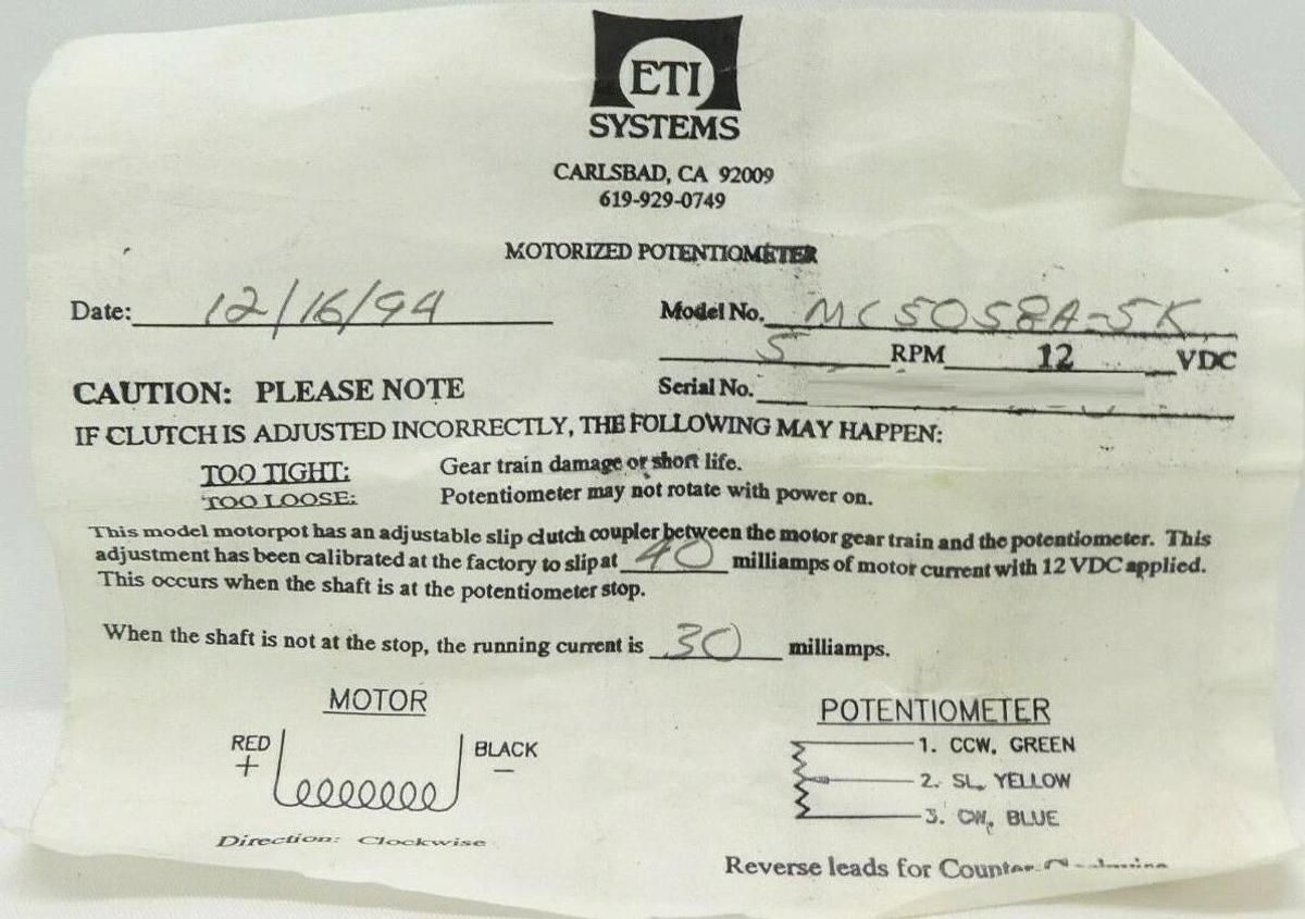 ETI Systems MC5058A-5K Motorized Potentiometer Varian 4758024 New Surplus