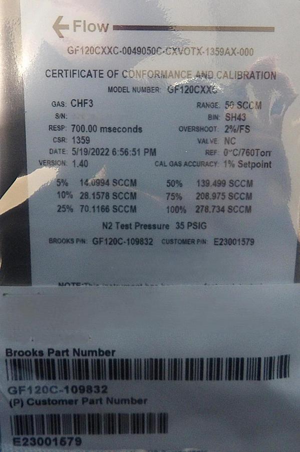 Brooks Instrument GF120C-109832 Mass Flow Controller MFC 50 SCCM CHF3 New