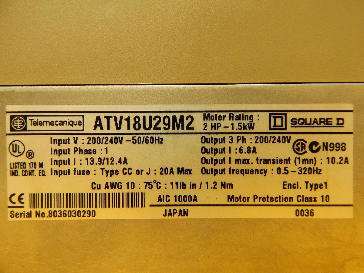 Used Telemecanique ATV18U29M2 1.5kW Inverter ALTIVAR 18 Square D Schneider Working