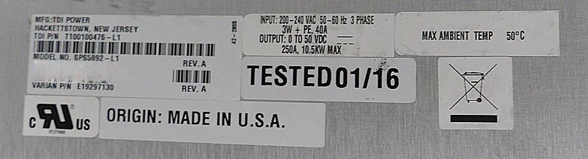 Used TDI Power T100100476-L1 Magnet Power Supply SPS5892-L1 Varian E19297130 Surplus