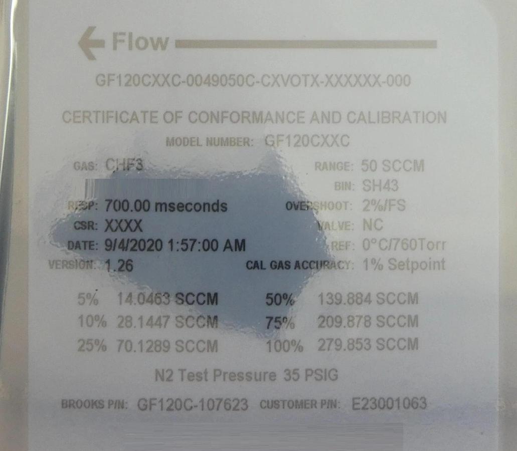 Brooks Instrument GF120C-107623 Mass Flow Controller MFC 50 SCCM CHF3 New Spare