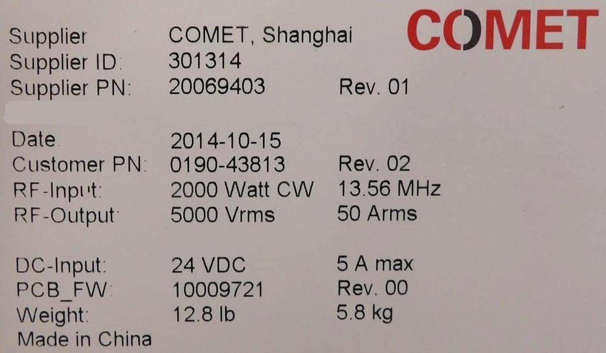 Used Comet Technologies 20069403 RF Match 2000W @ 13.56MHz Working Surplus