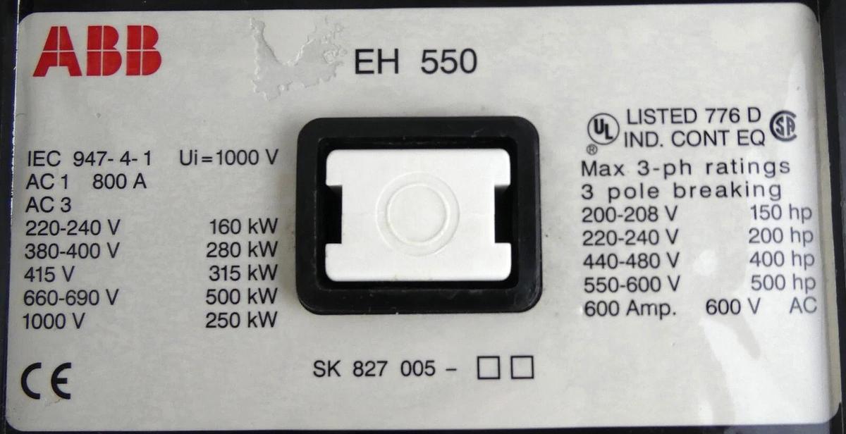 Used ABB SK 827 005 3-Pole Contactor EH 550 SK 827 100-DB 24V Coil Working Surplus
